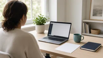 Person at a home desk with a laptop and a printed note beside it