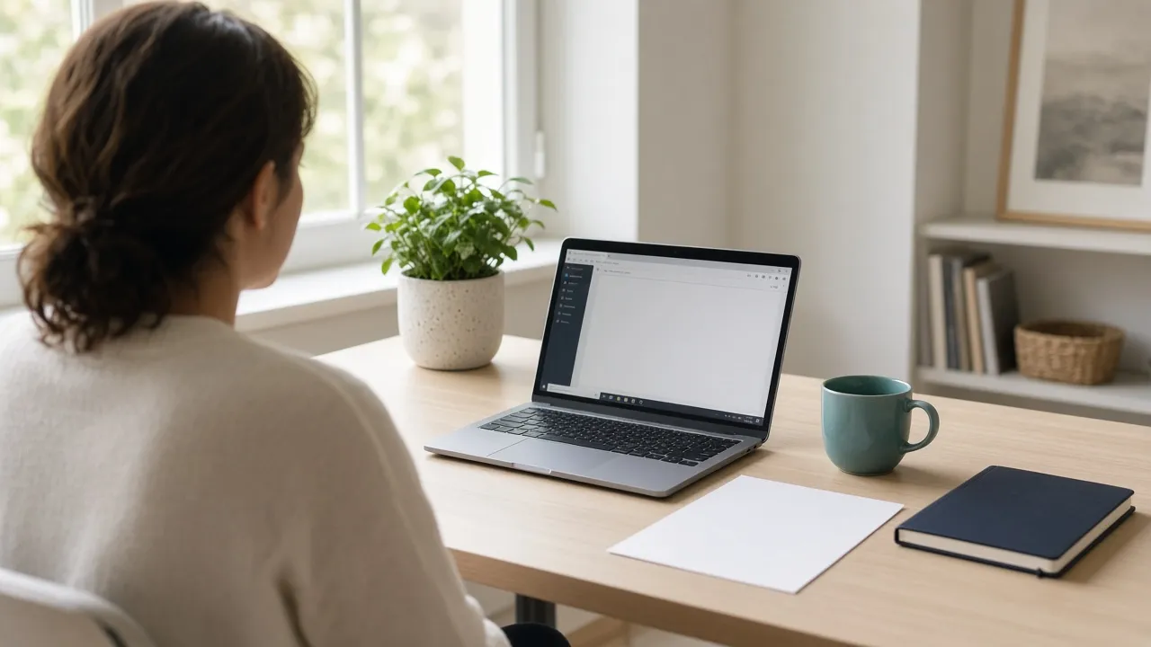 Person at a home desk with a laptop and a printed note beside it