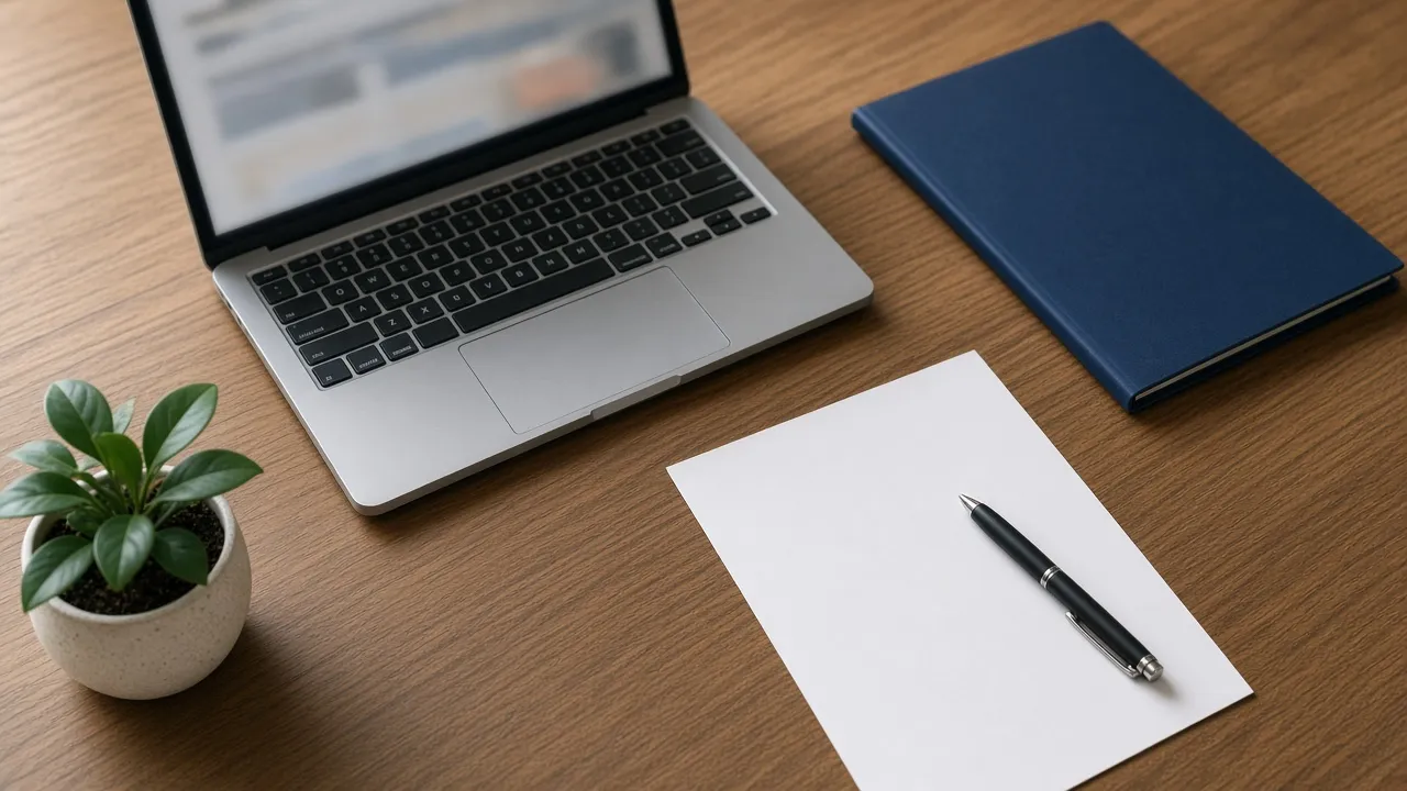 Work desk with a laptop, a navy folder, and a blank document